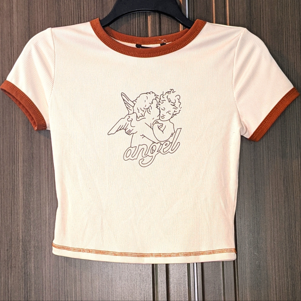 SHEIN Angel Graphic Ribbed Crop Top, Size Small